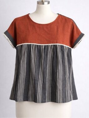THML Rust and Charcoal Striped Pom-Trim Blouse
